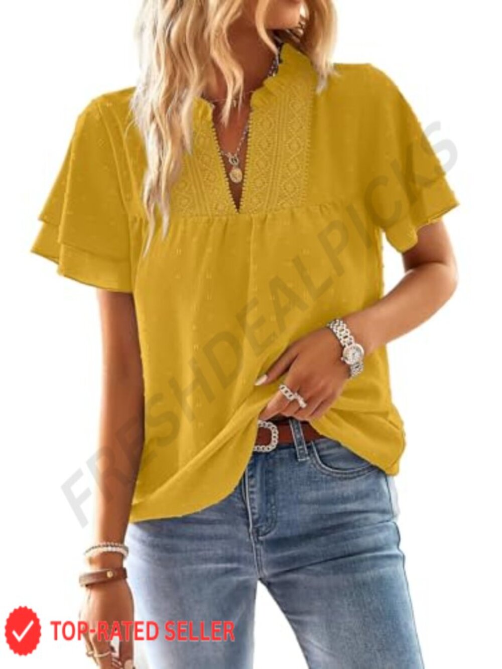 Womens Boho Flowy Blouse V-Neck Crochet Lace Short Sleeve Dressy Casual Top
